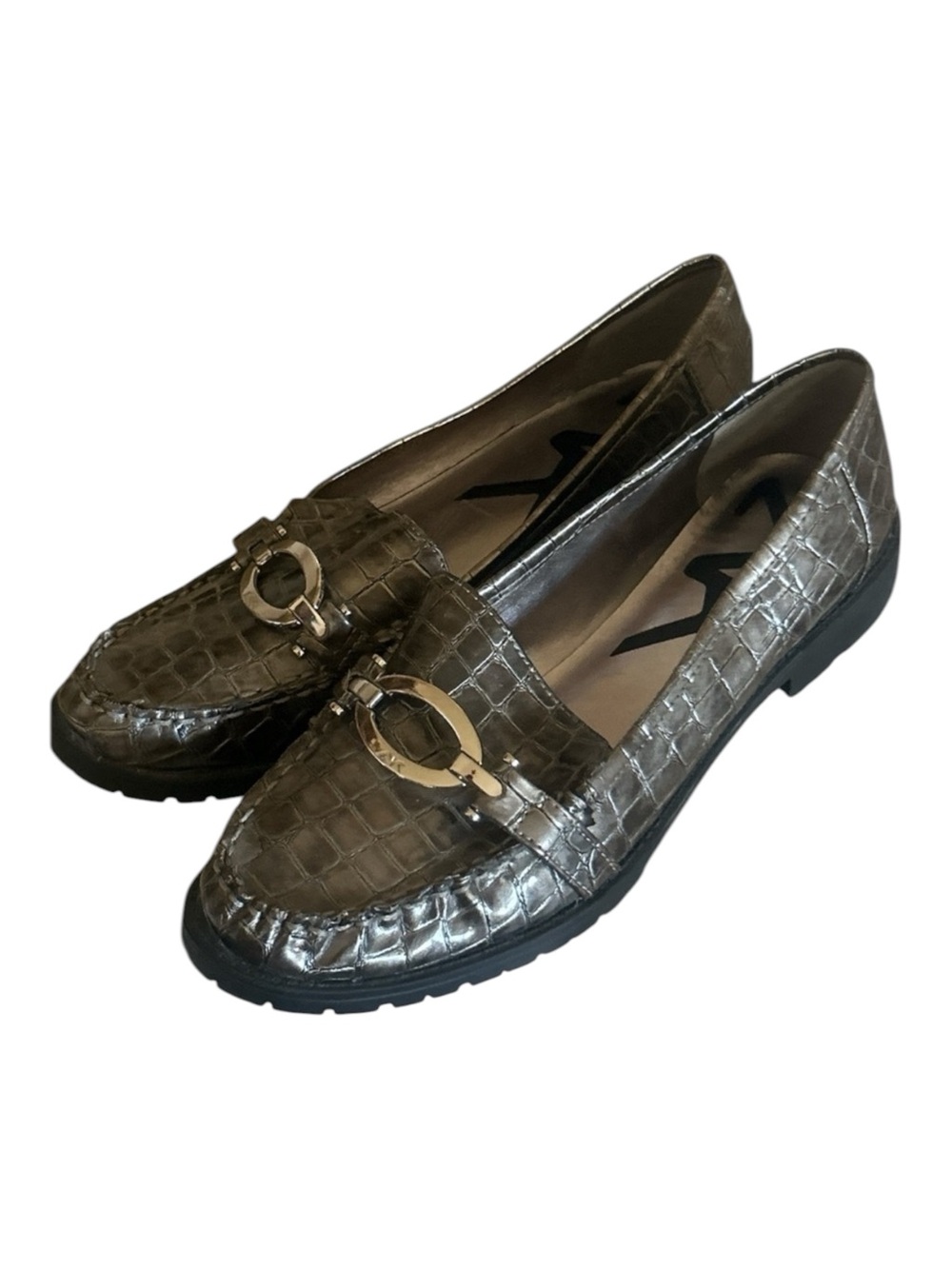 ANNE KLEIN SPORT Faux Alligator Loafer Lug Sole Silver AK Buckle Pewter Size 9.5